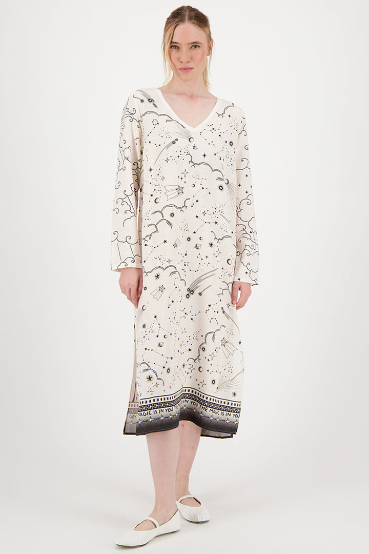 Me369 Violet Dress Zodiac Print V-Neck Cream 125L7082 - Lonah Boutique Westbourne