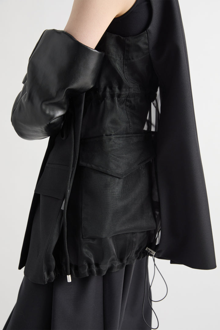 MeiMeij Black Gilet M6IAHB, organza hem detail