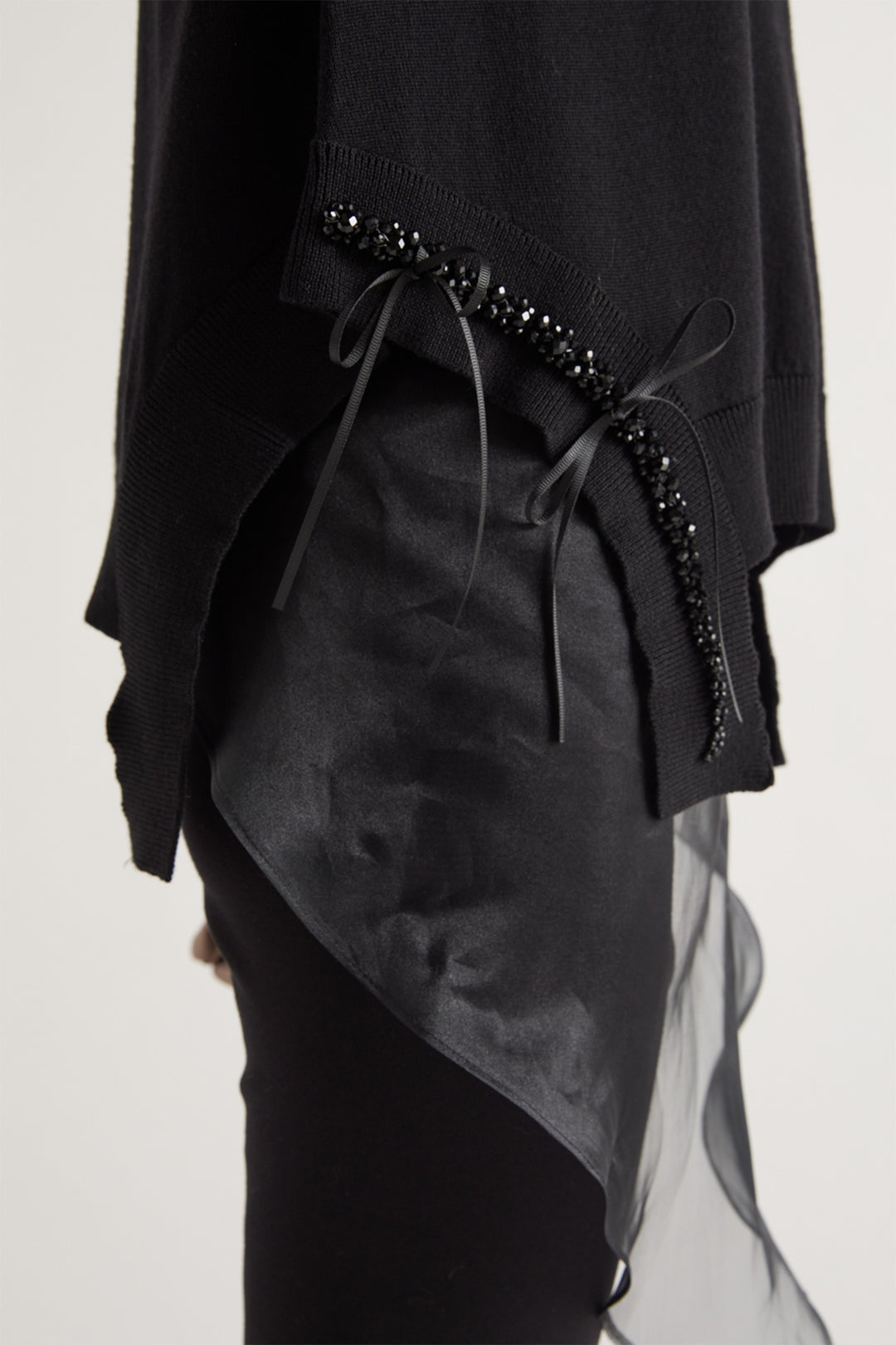 MeiMeij Black Wool Jacket M6IZ92, beaded tie and organza hem detail