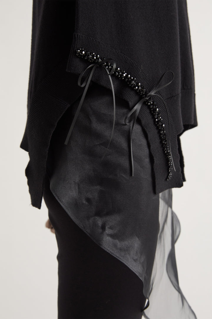 MeiMeij Black Wool Jacket M6IZ92, beaded tie and organza hem detail