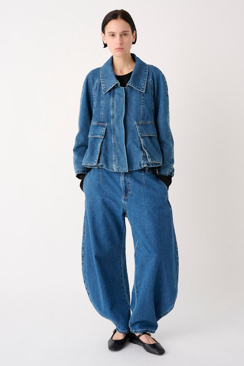 MeiMeij Blue Denim Patch Pocket Jacket M6FNN0, full length front view