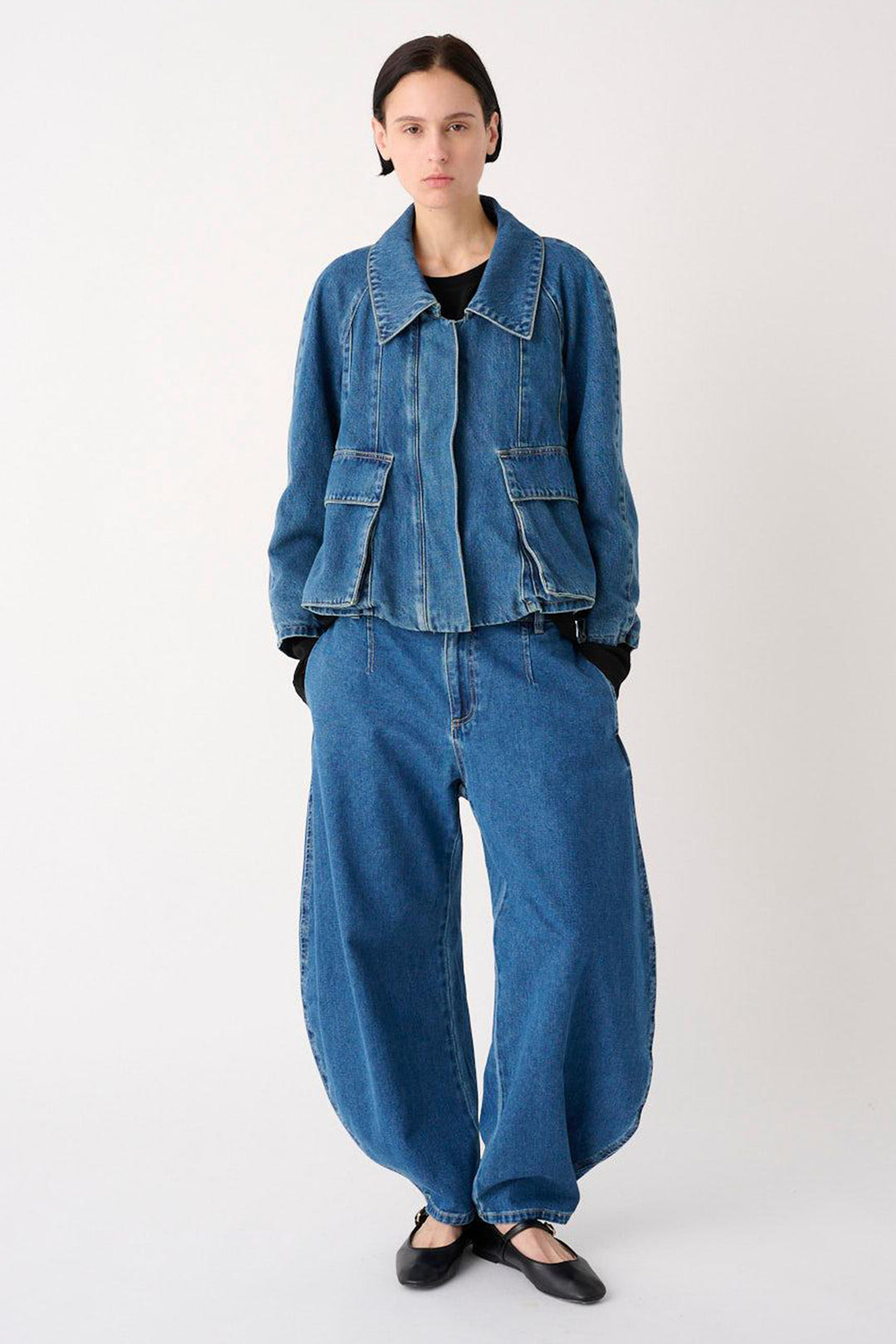 MeiMeij Blue Denim Patch Pocket Jacket M6FNN0, full length front view