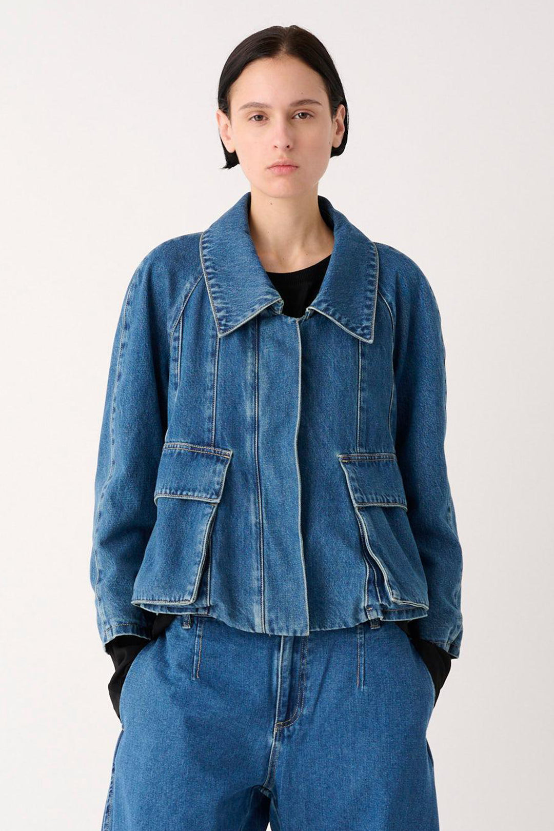 MeiMeij Blue Denim Patch Pocket Jacket M6FNN0, model front view