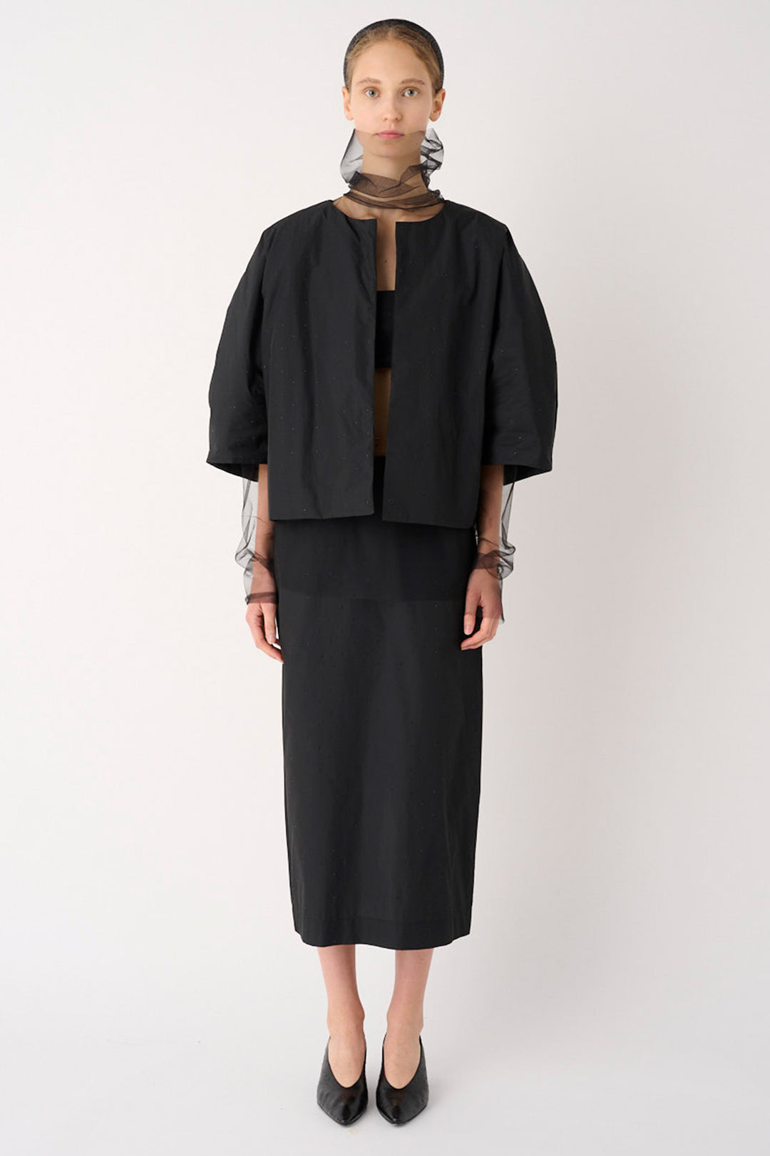 MeiMeij I6P M6FK04 Black 3/4 Sleeve Sparkle Jacket, styled full length