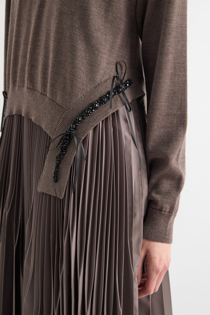 MeiMeij Iron Canteen Brown Wool Dress M6IZ99, beaded waist tie detail