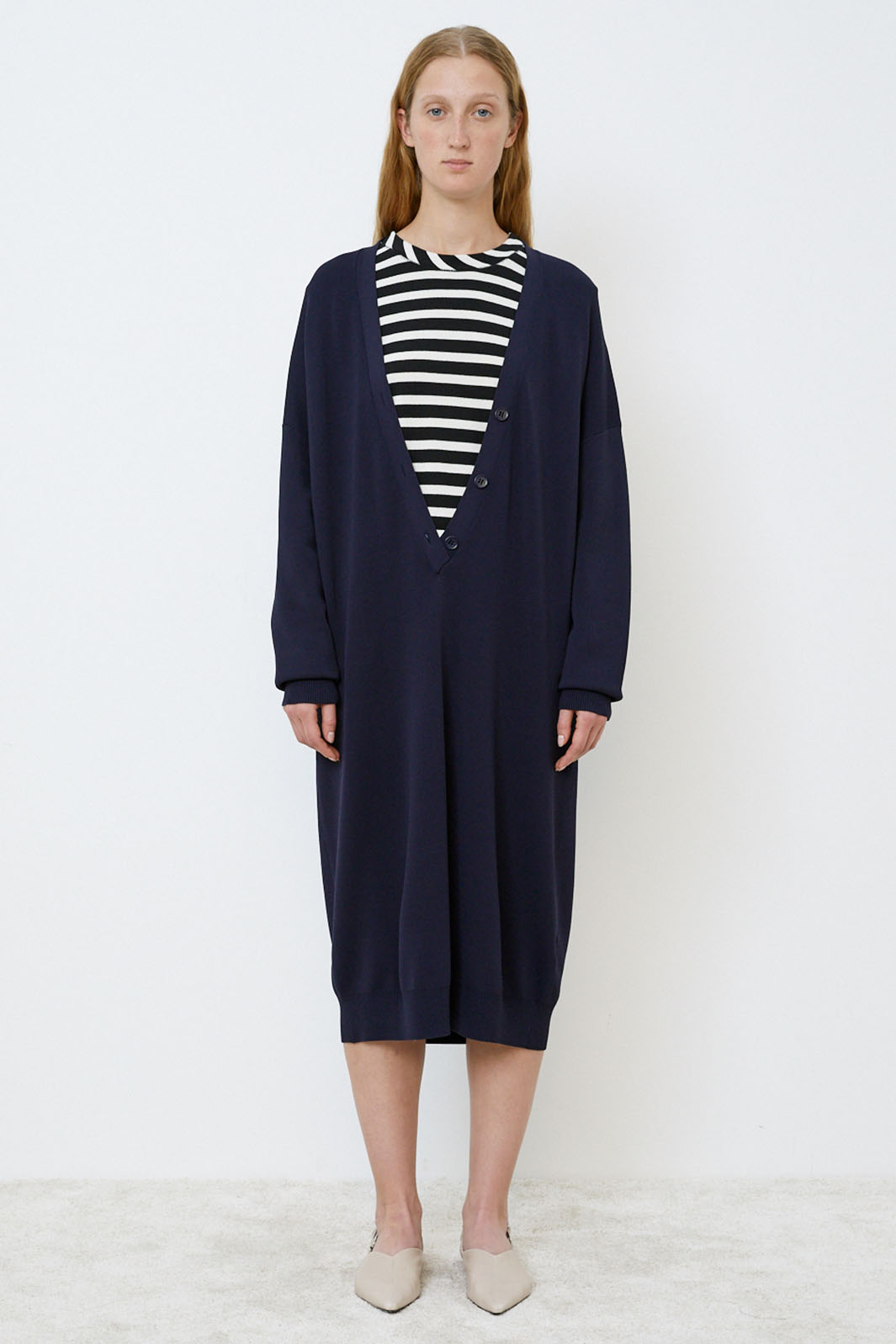 Meimeij Knitted Plunge Button Neck Dress Navy M5PT02 - Lonah Boutique Westbourne