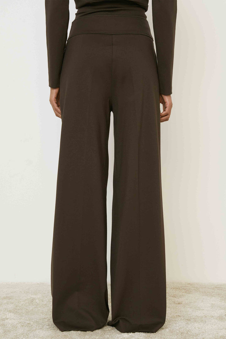 Brown wide-leg pants worn by a person on a white background