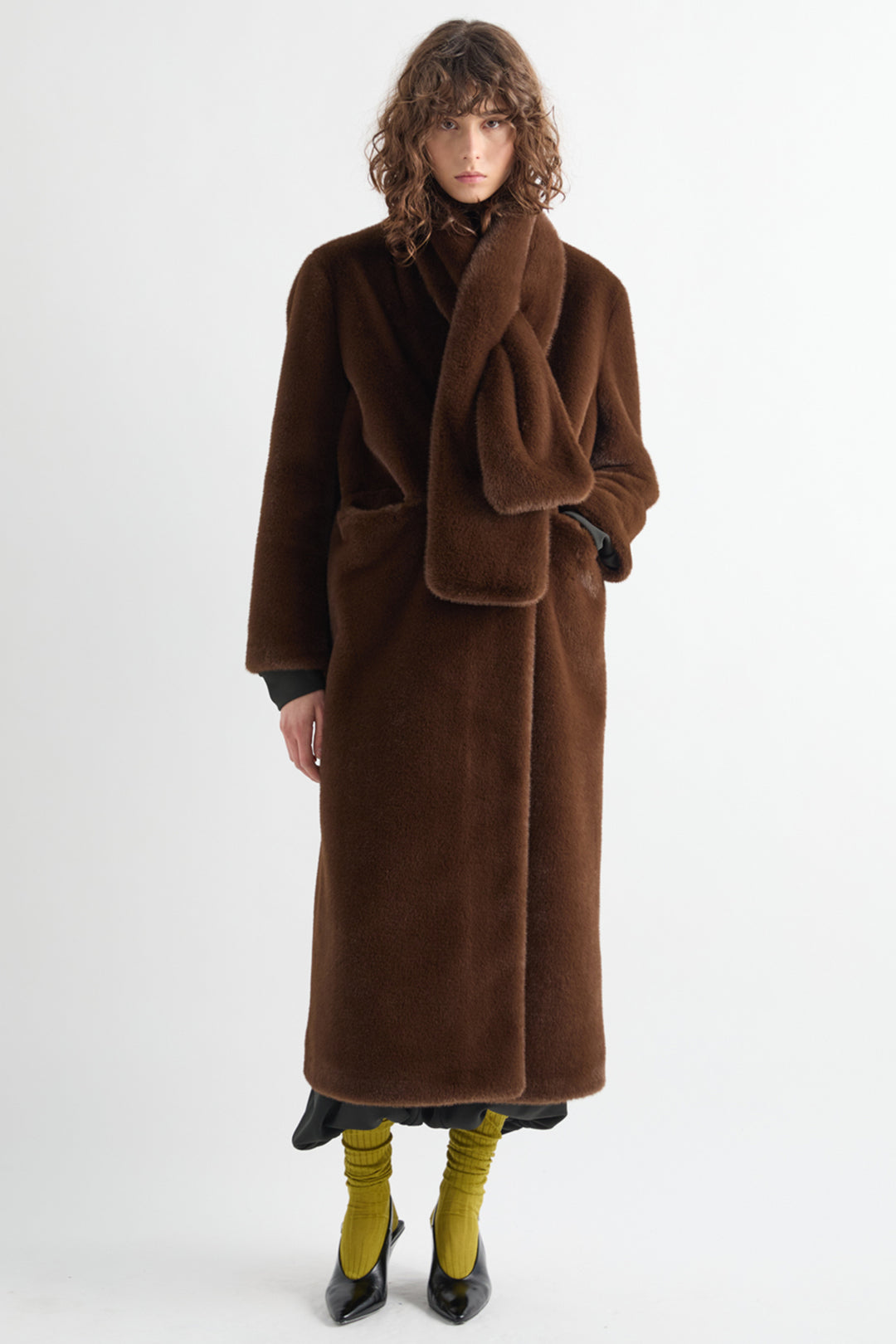 MeiMeij Moka Brown Faux Fur Coat M6ICC0, front view with matching scarf