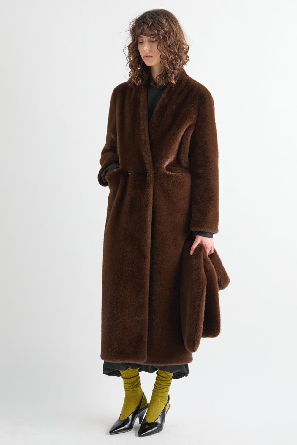 MeiMeij Moka Brown Faux Fur Coat M6ICC0, front view worn open