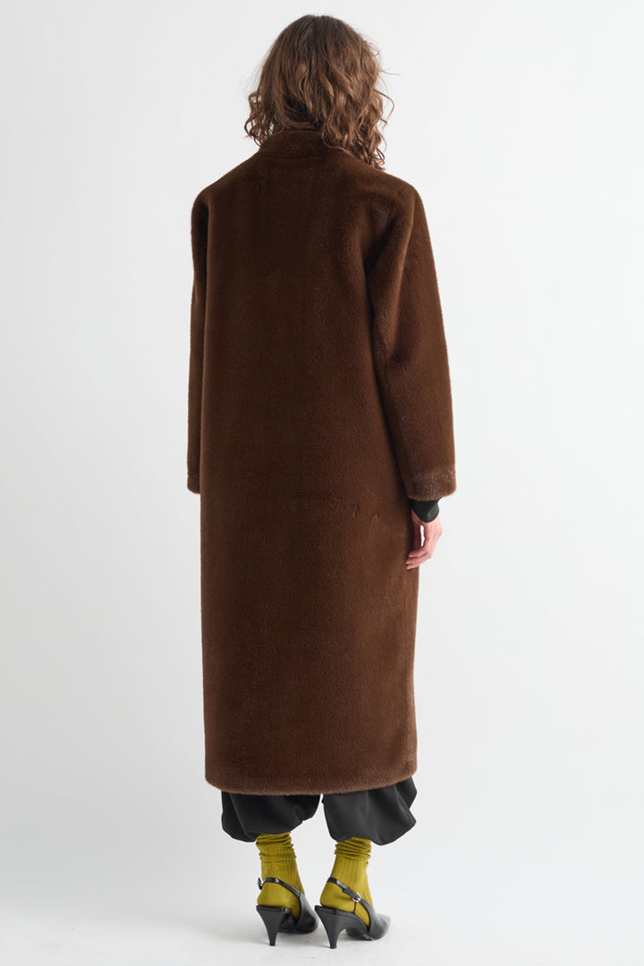 MeiMeij Moka Brown Faux Fur Coat M6ICC0, back view