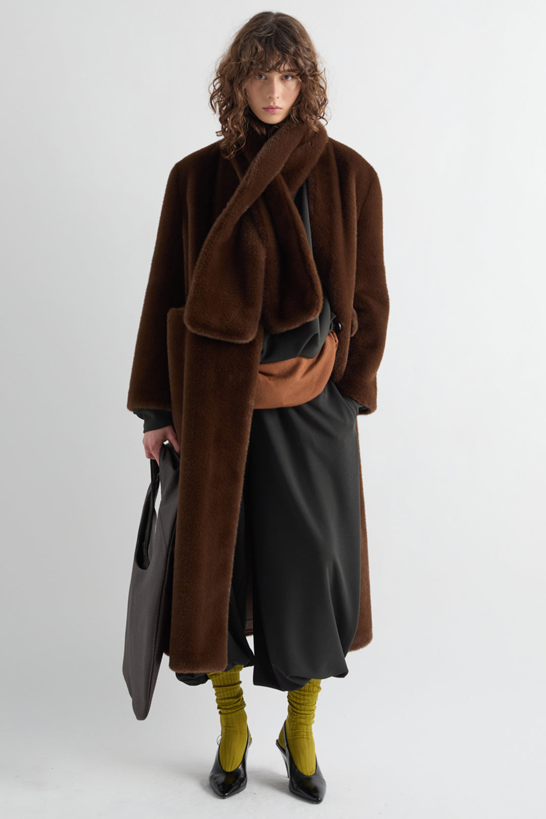 MeiMeij Moka Brown Faux Fur Coat M6ICC0, styled full length