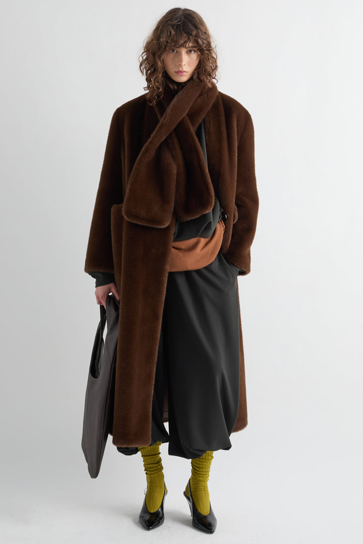 MeiMeij Moka Brown Faux Fur Coat M6ICC0, styled full length