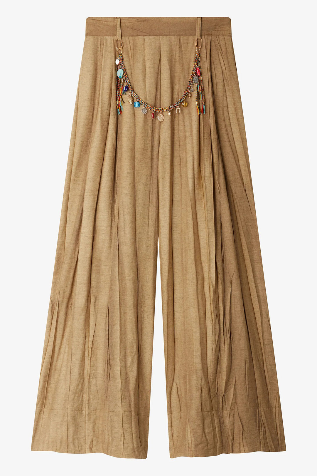 Mes Demoiselles Covial Marbled Beige Jeweled Belt Wide Leg Trousers
