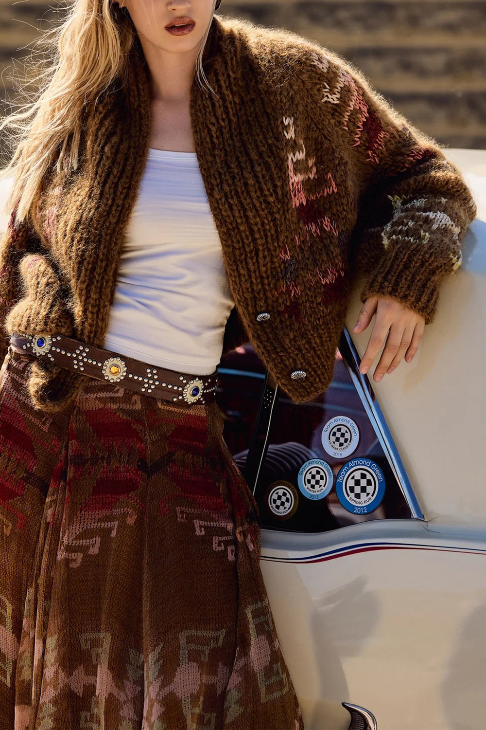 Mes Demoiselles Alia Brown Cardigan, worn open over a white vest