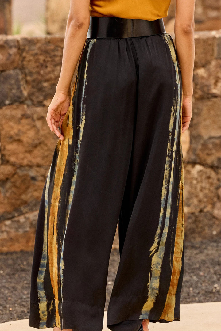 Mes Demoiselles Llorllora Ocre Black Tie-Dye Wide Leg Satin Trousers