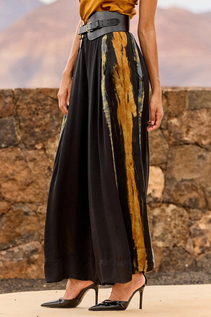 Mes Demoiselles Llorllora Ocre Black Tie-Dye Wide Leg Satin Trousers