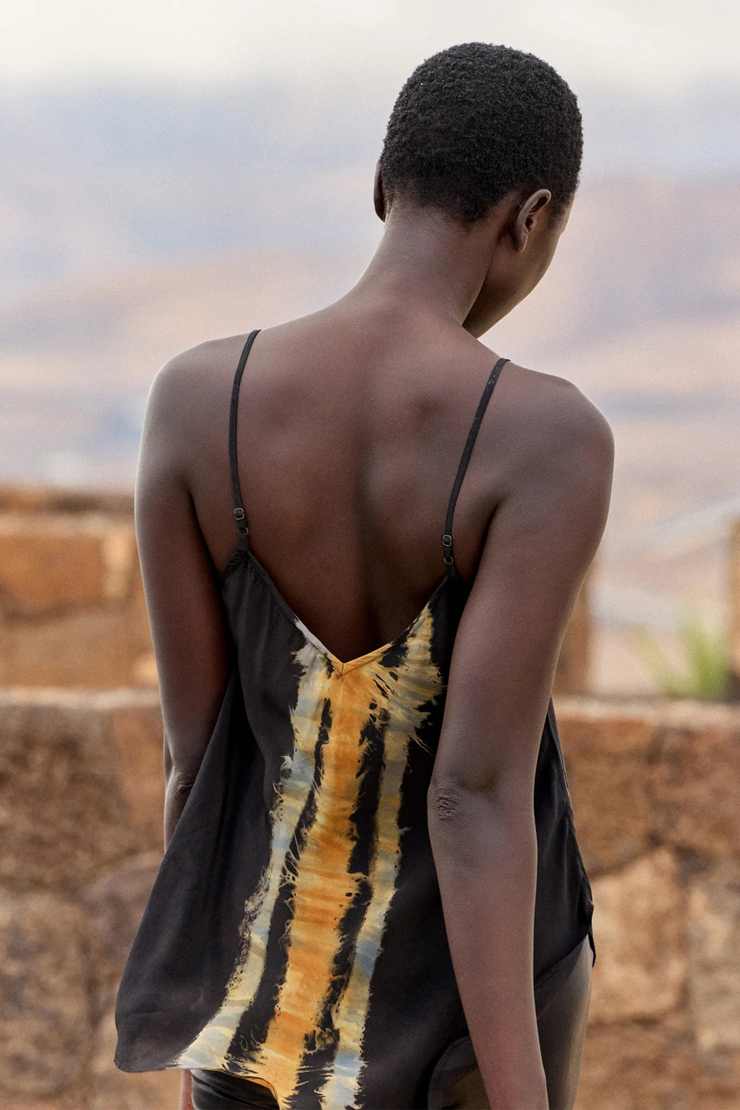 Mes Demoiselles Luron Ocre Tie-Dye Black Satin Camisole Top