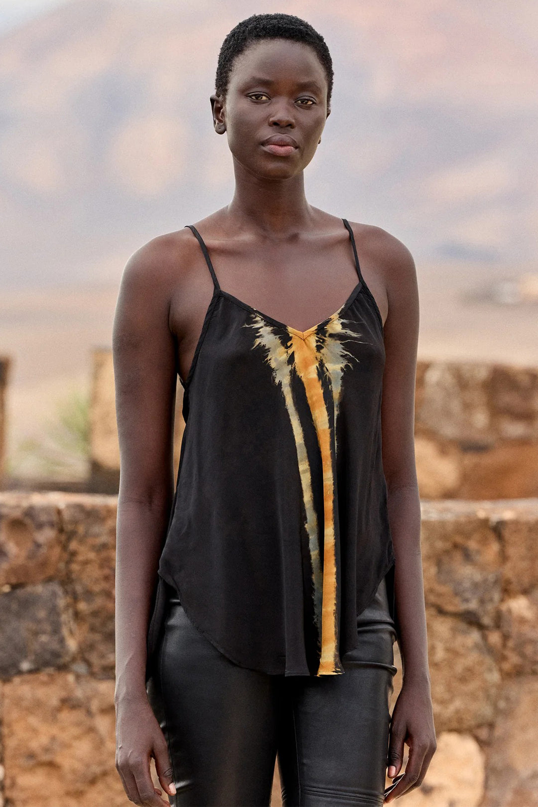 Mes Demoiselles Luron Ocre Tie-Dye Black Satin Camisole Top