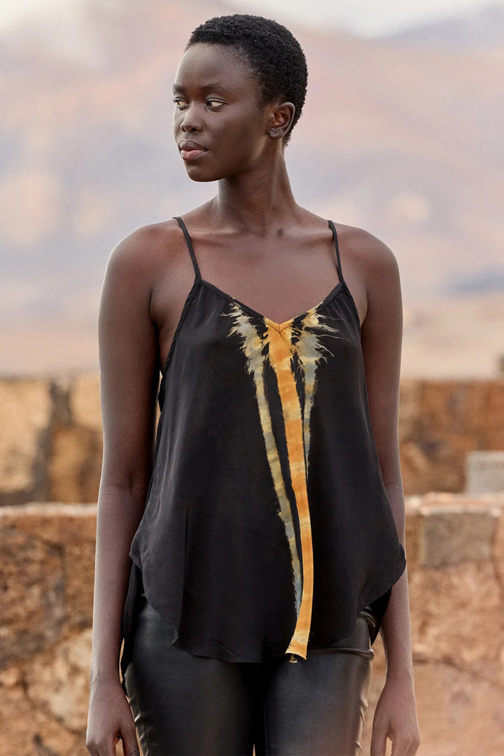 Mes Demoiselles Luron Ocre Tie-Dye Black Satin Camisole Top