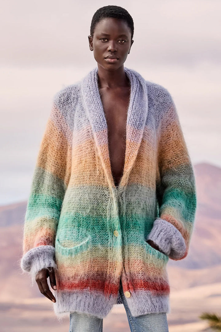 Mes Demoiselles Stone Multicolour Stripe Brushed Mohair Cardigan