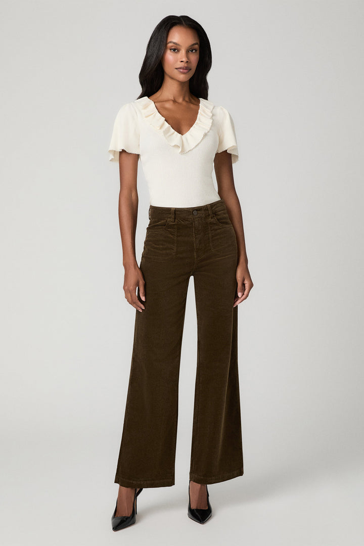 Paige 1J99H84-1956 Anessa Fern Green Wide Leg Jeans, full length styled with a cream ruffle top