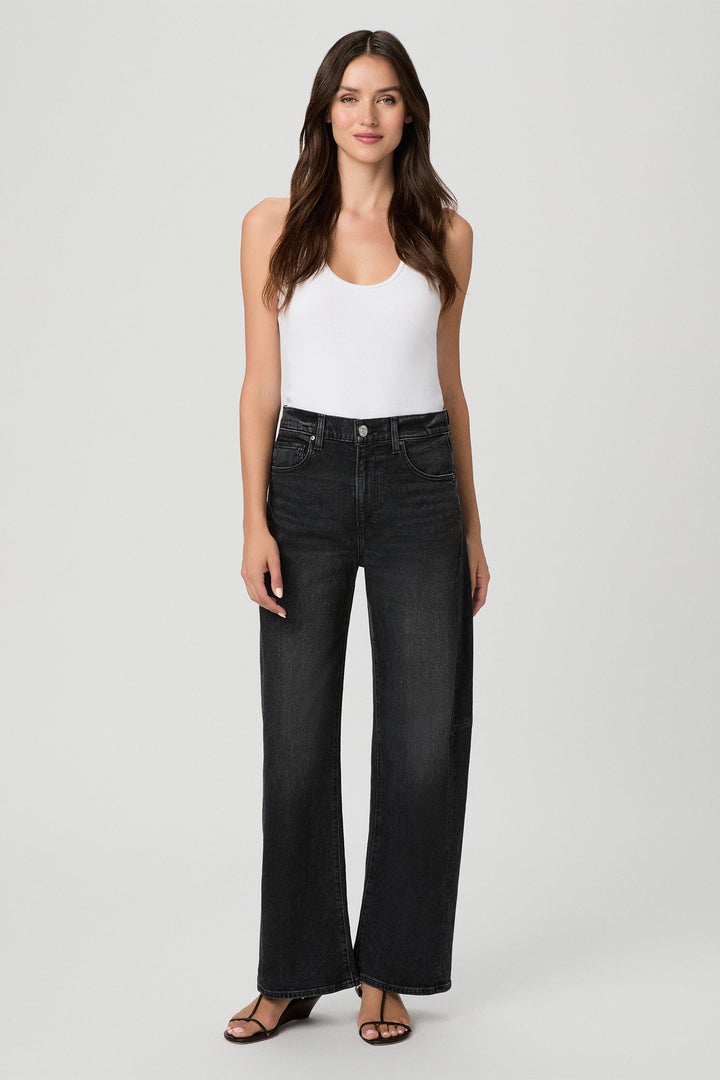 Paige 1N12B80-D174 Arellia Oscura Black Wide Leg Jeans, full length with a white vest