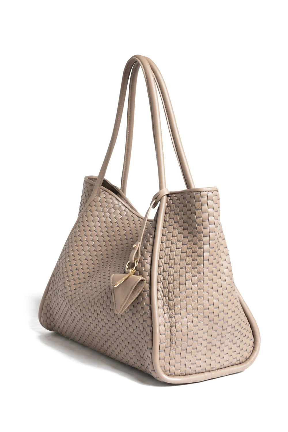 Beige woven handbag with a gold tag on a white background