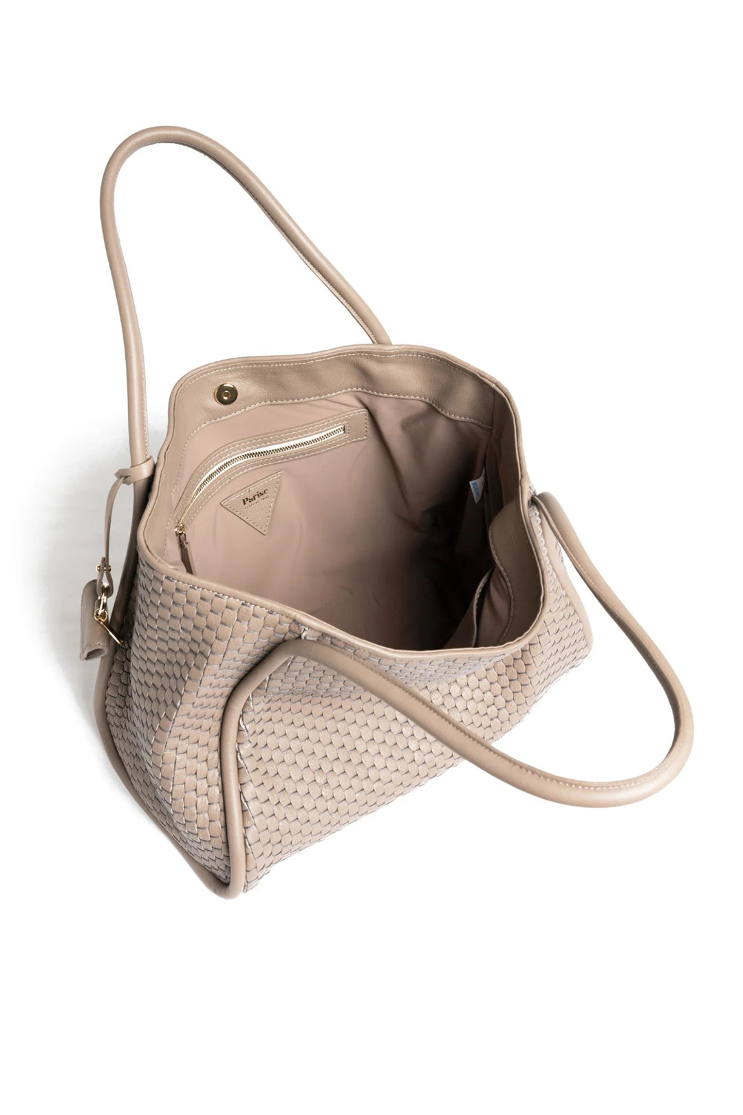 Beige handbag with woven texture on a white background