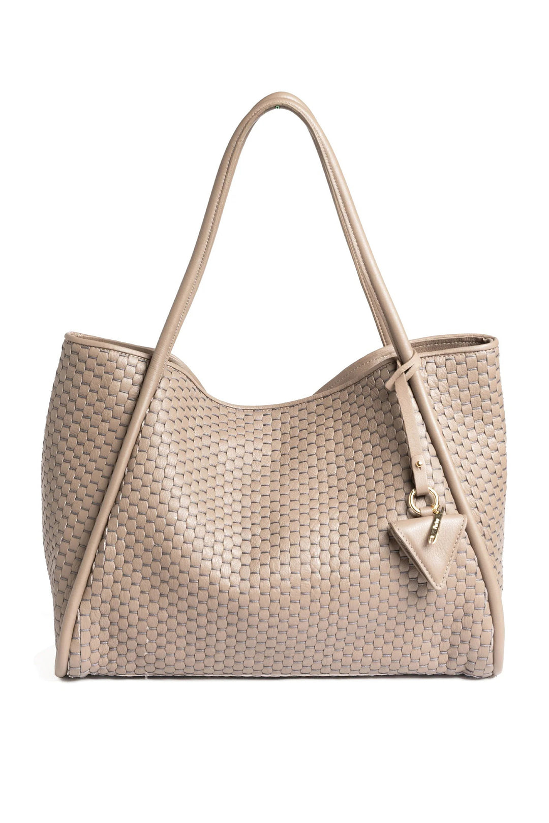 Beige woven handbag on a white background