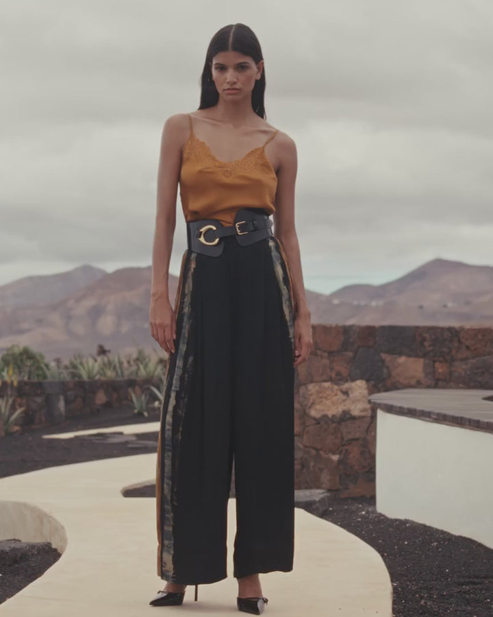 Mes Demoiselles Llorllora Ocre Black Tie-Dye Wide Leg Satin Trousers