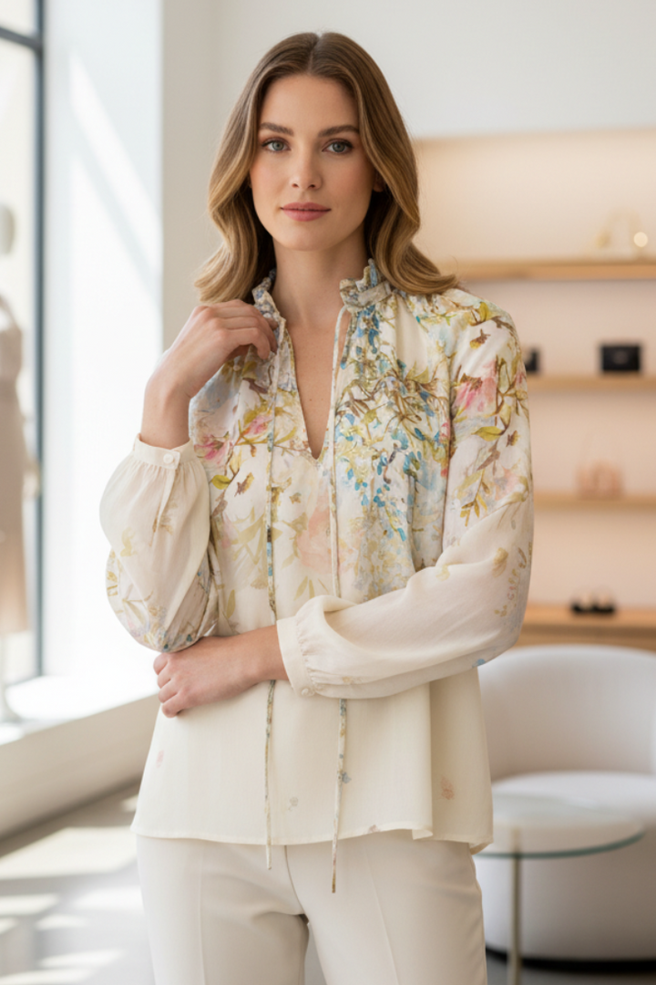 Riani 645800 4577 184 Cream Floral Print Ruffle Neck Blouse