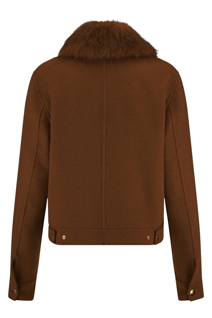 Riani 672030 pecan brown faux fur collar bomber jacket at Lonah Boutique
