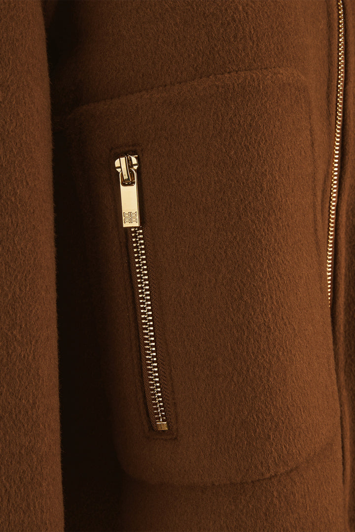 Riani 672030 pecan brown faux fur collar bomber jacket at Lonah Boutique