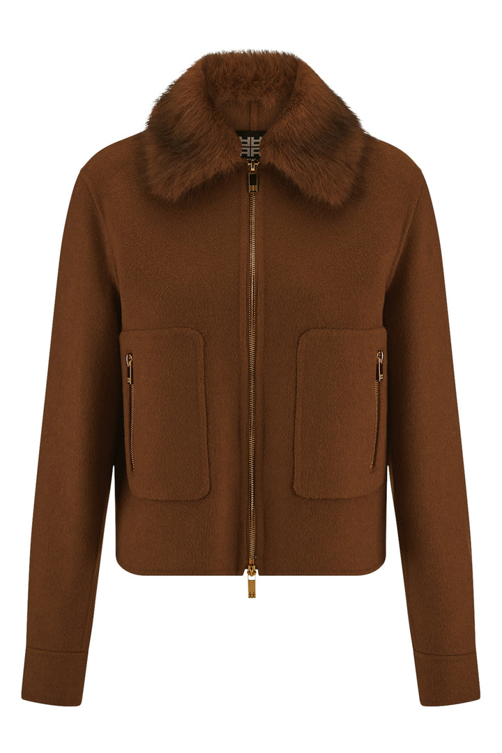 Riani 672030 pecan brown faux fur collar bomber jacket at Lonah Boutique
