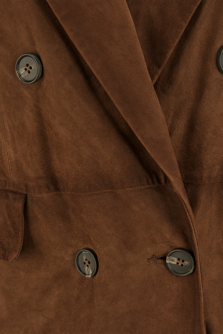 Riani 672070 dark pecan brown long suede leather coat at Lonah Boutique