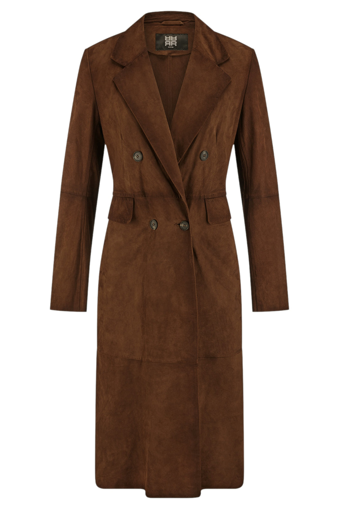 Riani 672070 dark pecan brown long suede leather coat at Lonah Boutique