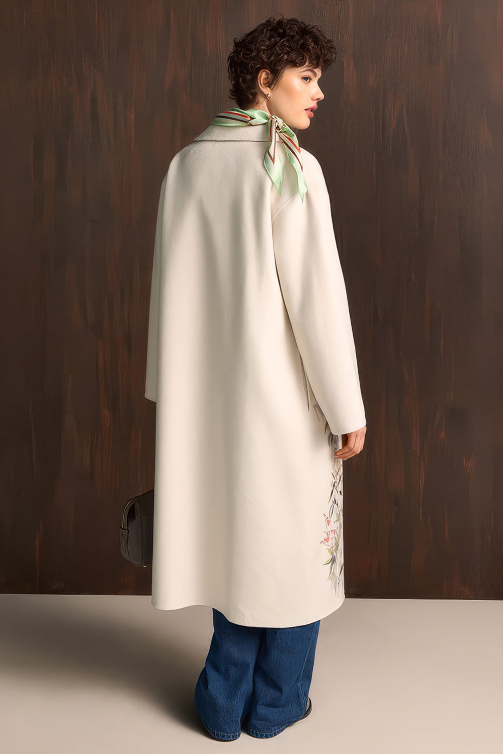 Riani 672120 oat beige botanical print longline coat at Lonah Boutique