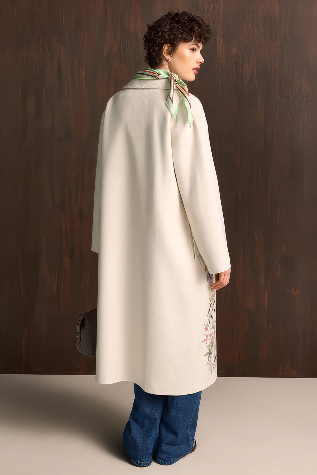 Riani 672120 oat beige botanical print longline coat at Lonah Boutique