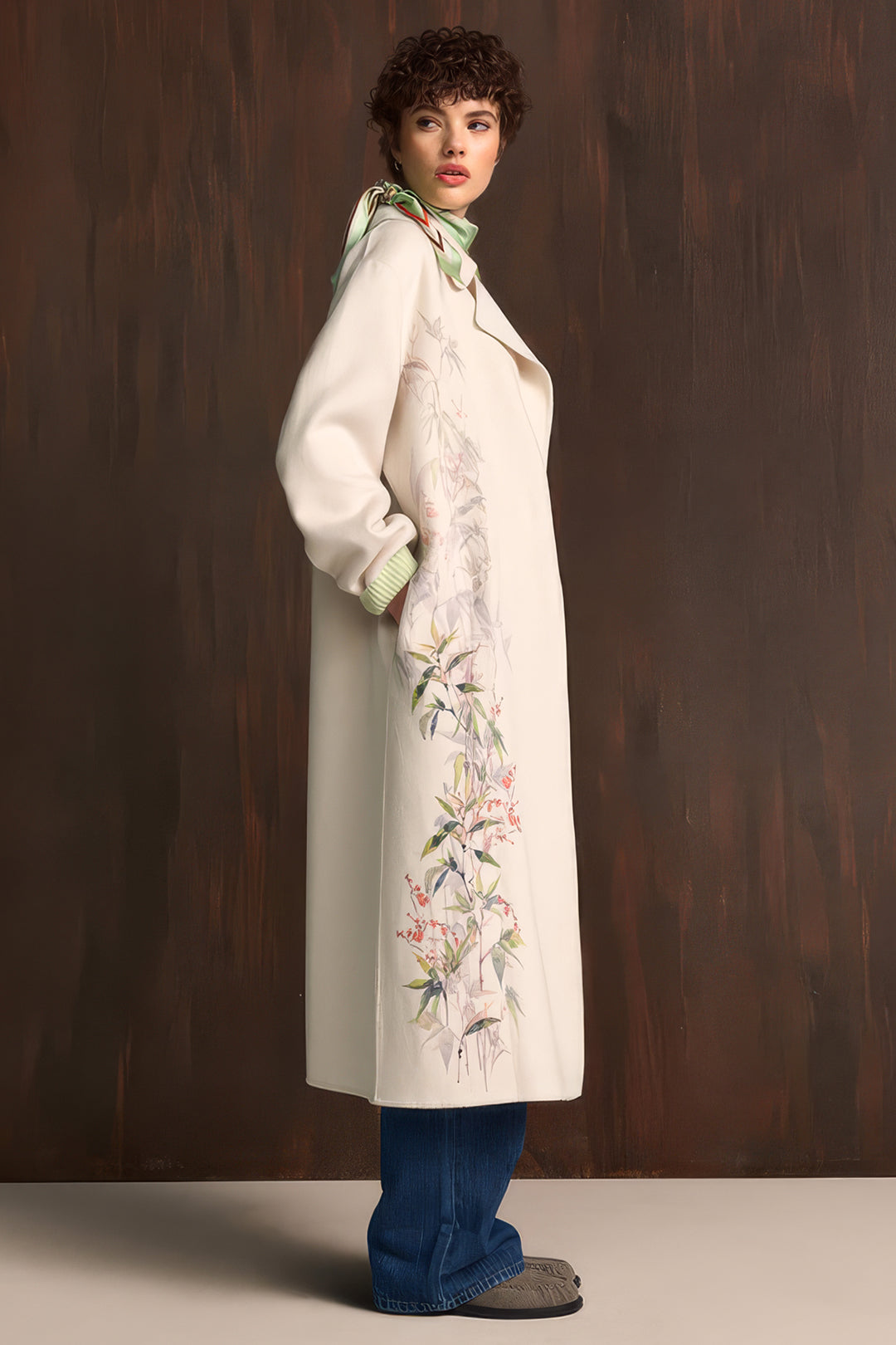 Riani 672120 oat beige botanical print longline coat at Lonah Boutique