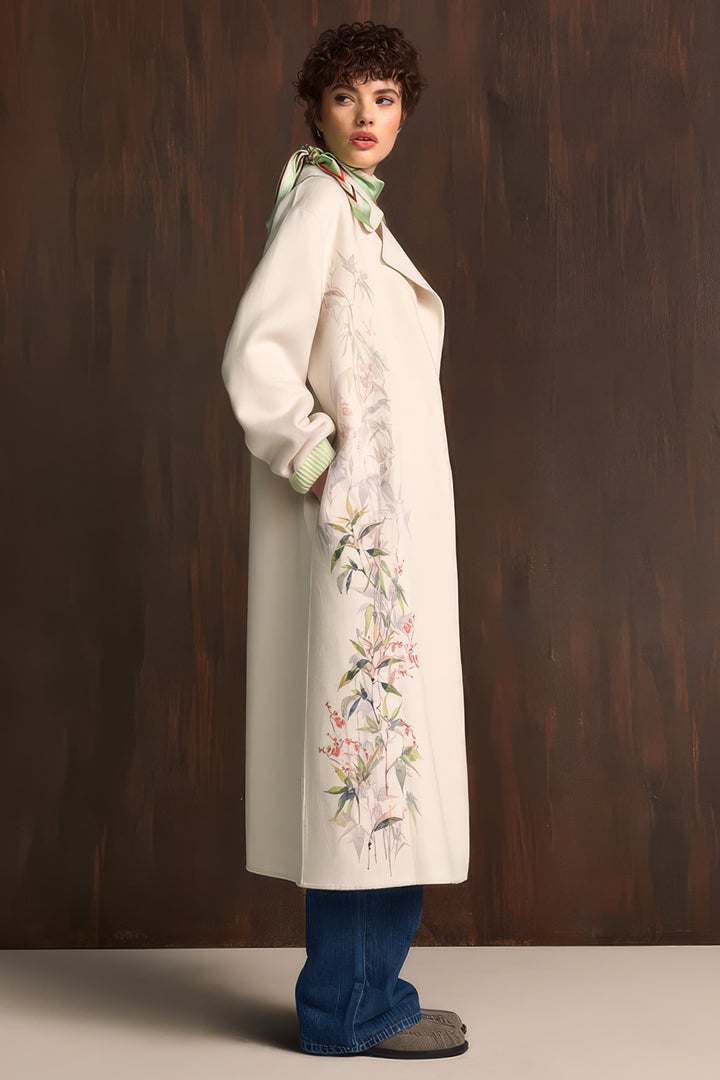 Riani 672120 oat beige botanical print longline coat at Lonah Boutique