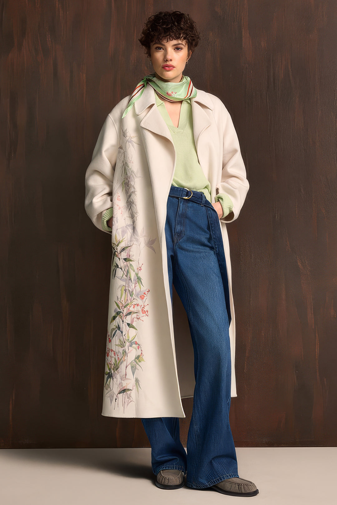 Riani 672120 oat beige botanical print longline coat at Lonah Boutique
