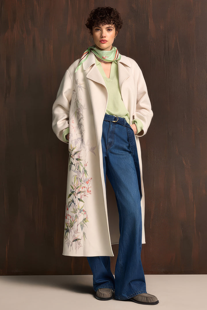 Riani 672120 oat beige botanical print longline coat at Lonah Boutique
