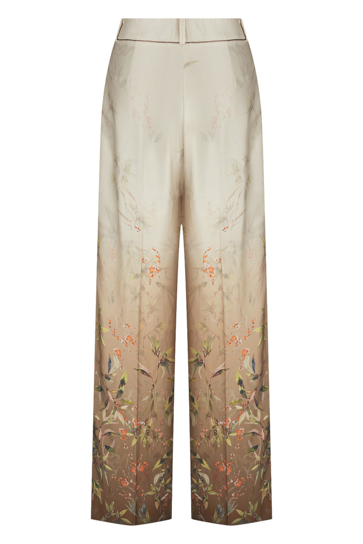 Riani 673240 oat beige floral print wide leg trousers at Lonah Boutique