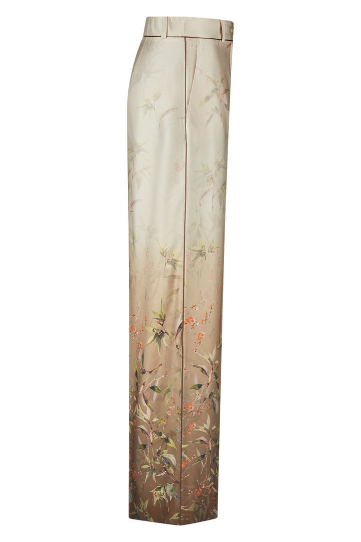 Riani 673240 oat beige floral print wide leg trousers at Lonah Boutique