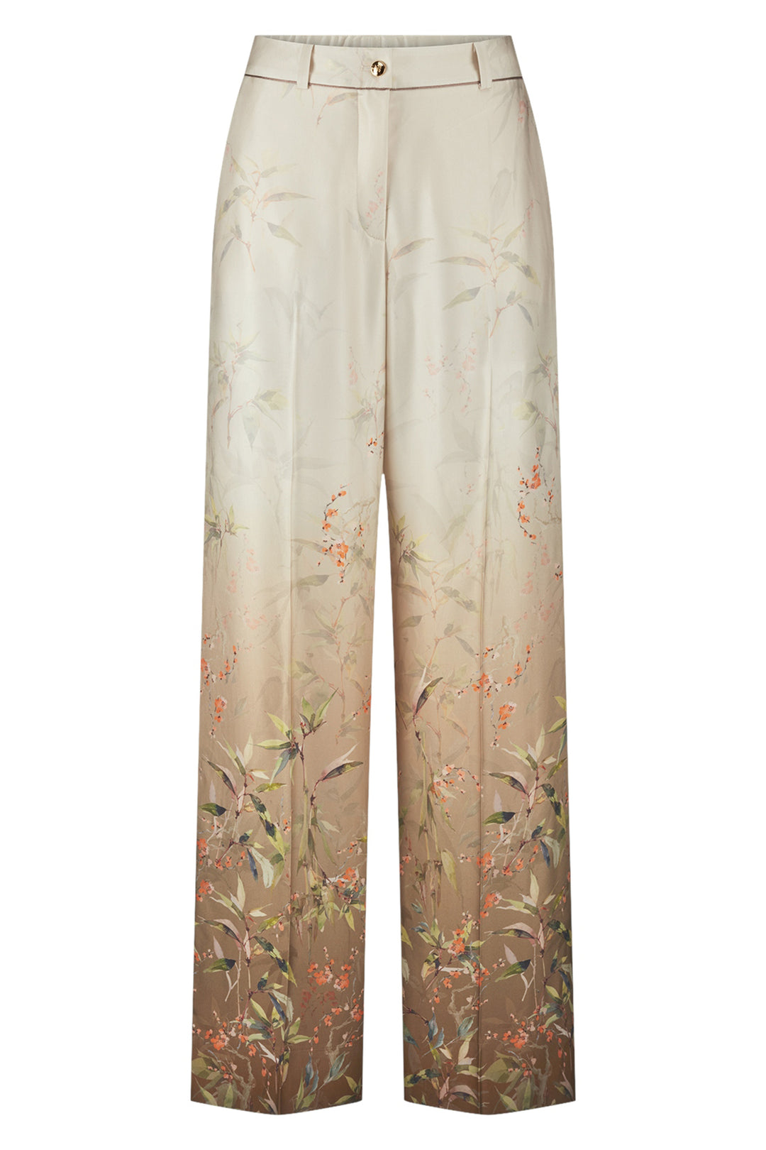 Riani 673240 oat beige floral print wide leg trousers at Lonah Boutique
