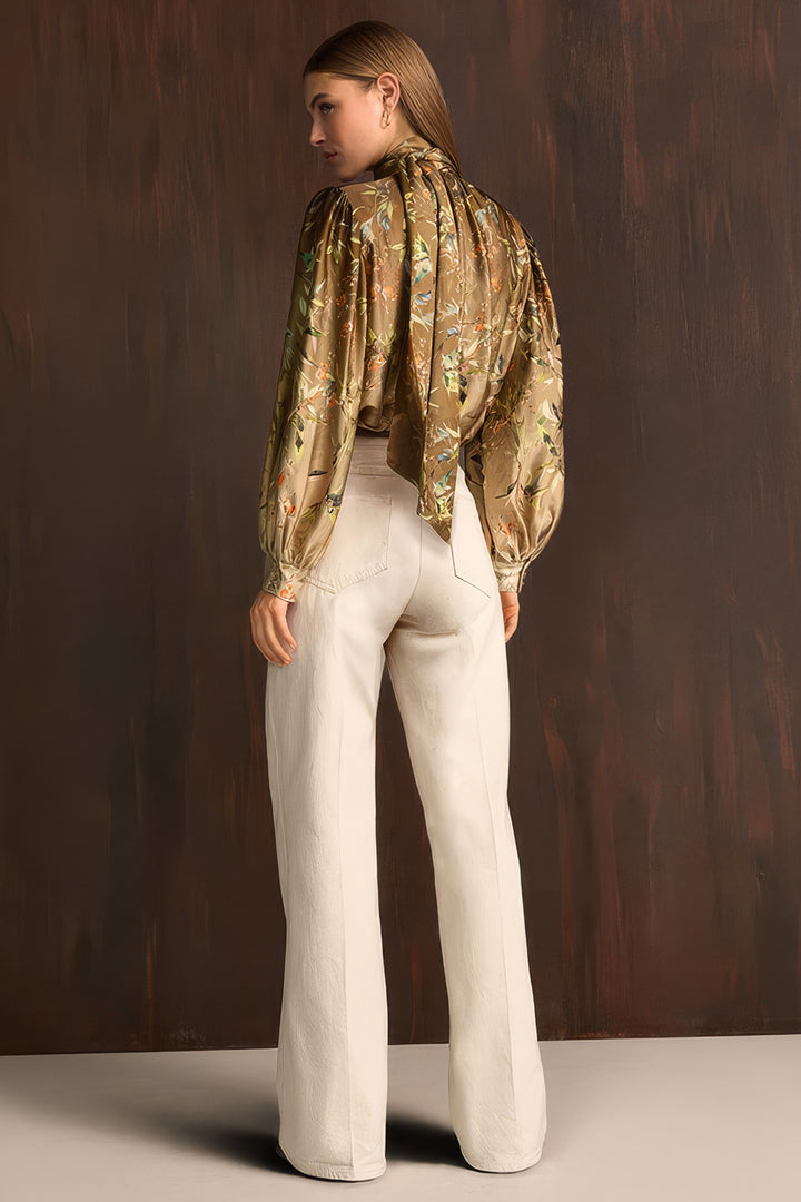 Riani 675250 botanical print satin high neck blouse at Lonah Boutique