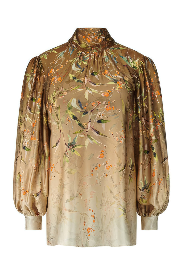 Riani 675250 botanical print satin high neck blouse at Lonah Boutique