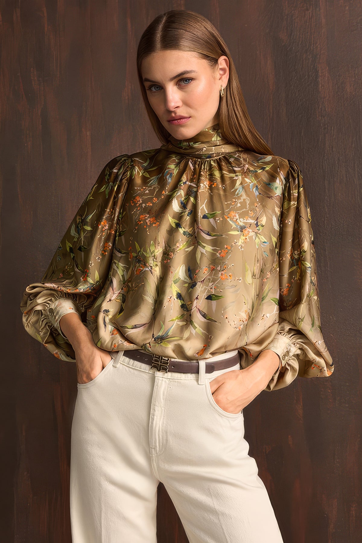 Riani 675250 botanical print satin high neck blouse at Lonah Boutique