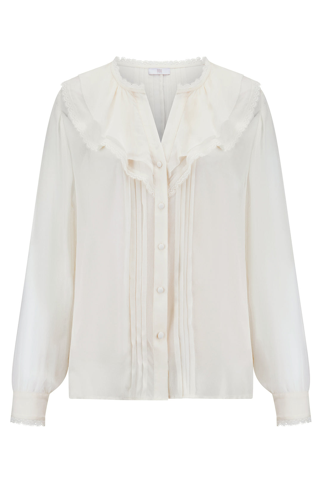 Riani 675420 oat beige lace trim ruffle blouse at Lonah Boutique