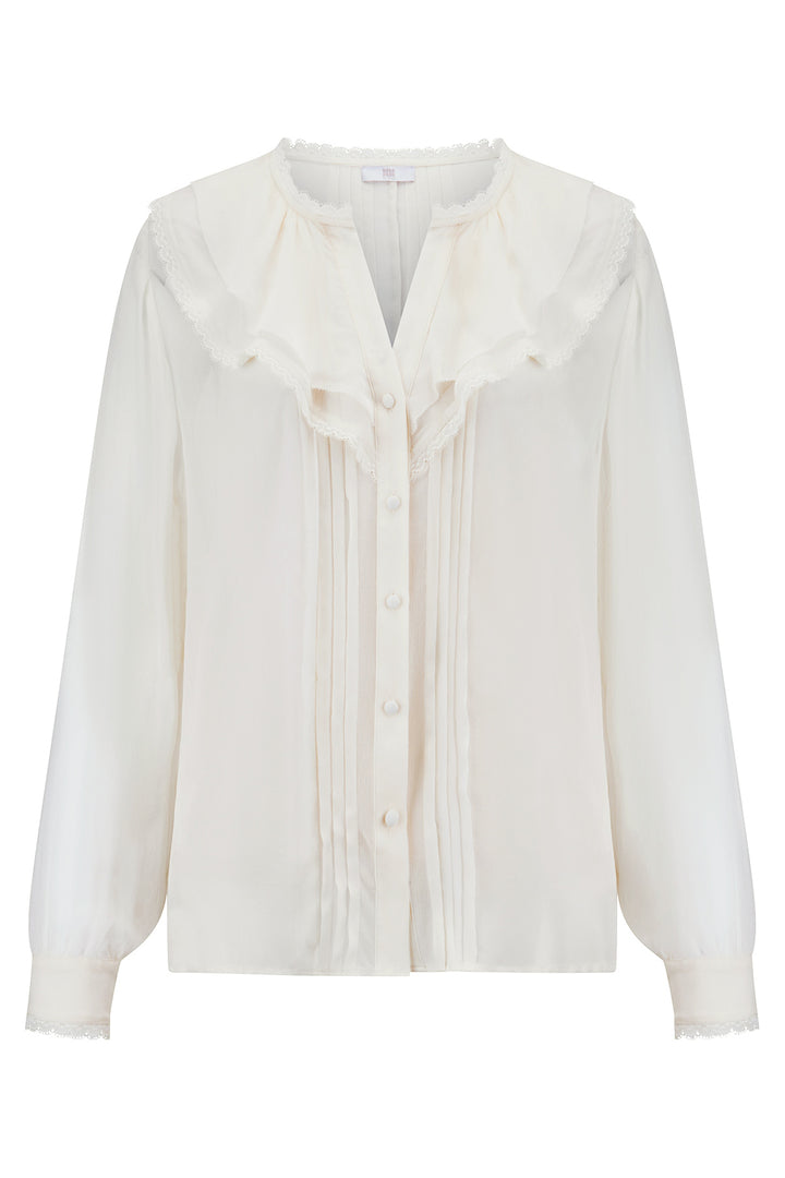 Riani 675420 oat beige lace trim ruffle blouse at Lonah Boutique